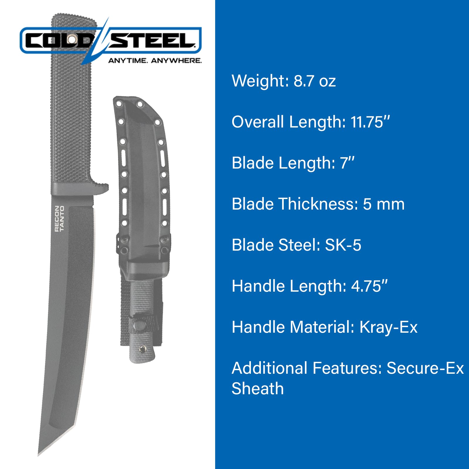 COLD STEEL Recon Tanto 7" SK-5 Razor-Sharp Blade 4.75" Kray-Ex Handle Military Tactical Fixed Blade Knife w/Secure-Ex Sheath - Image 8